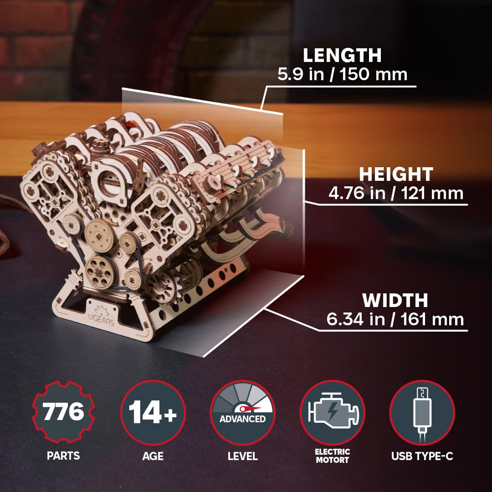 UGEARS V8 Engine Model Kit front view highlighting detailed build
