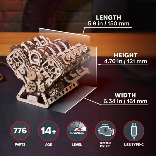 UGEARS V8 Engine Model Kit front view highlighting detailed build