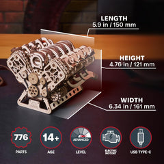 UGEARS V8 Engine Model Kit front view highlighting detailed build