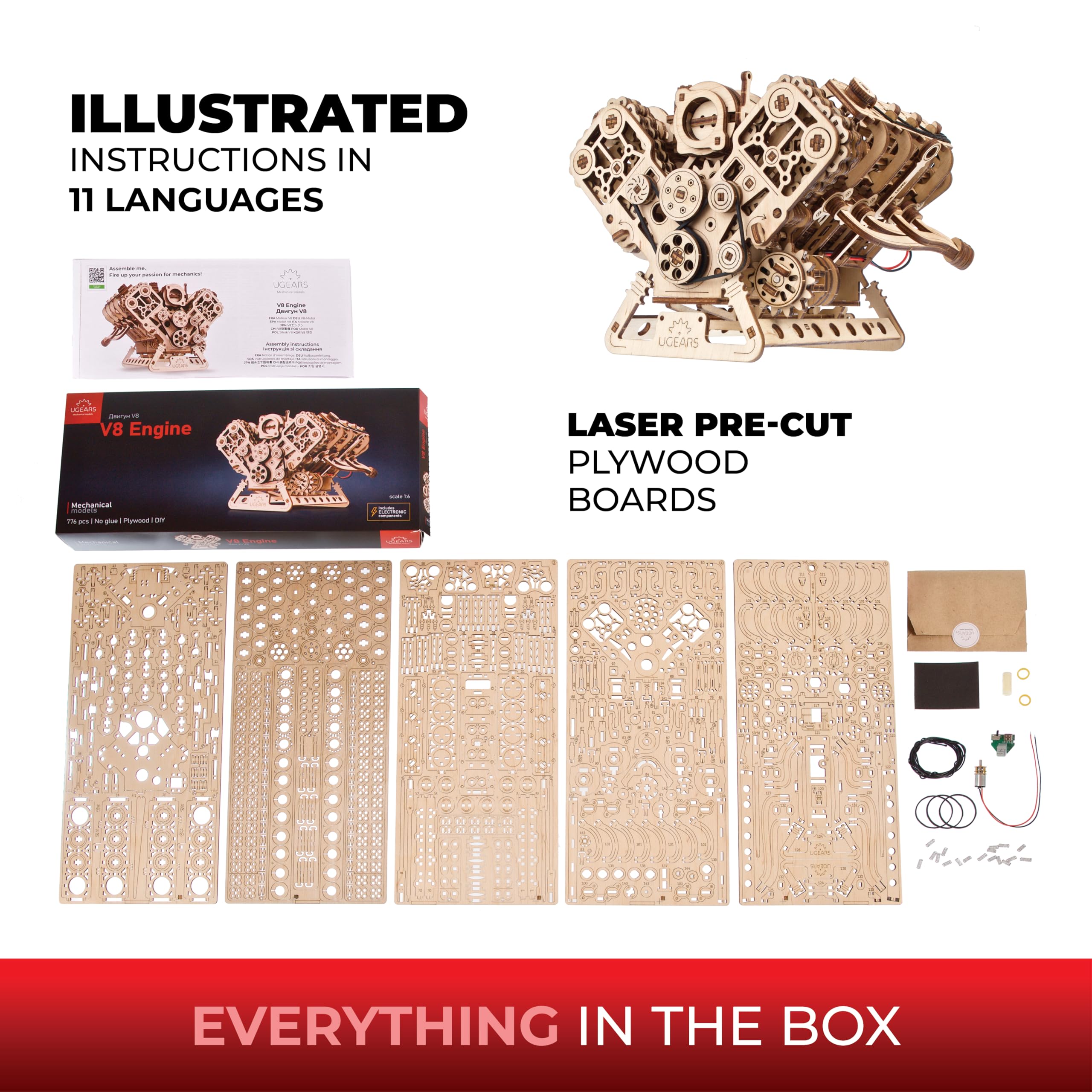 UGEARS V8 Engine Model Kit manual knob operation demonstration