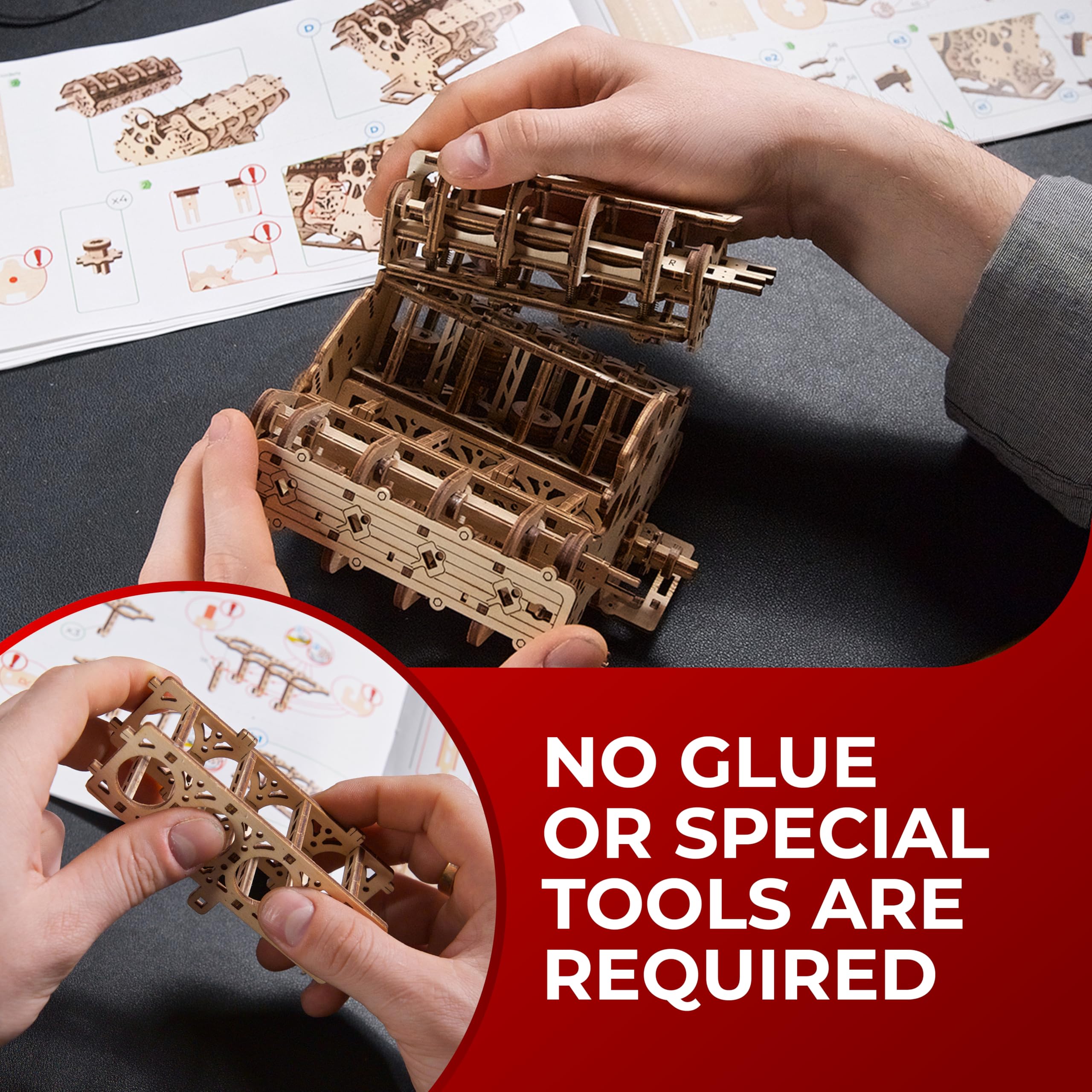 UGEARS V8 Engine Model Kit timing chain close-up for realistic motion