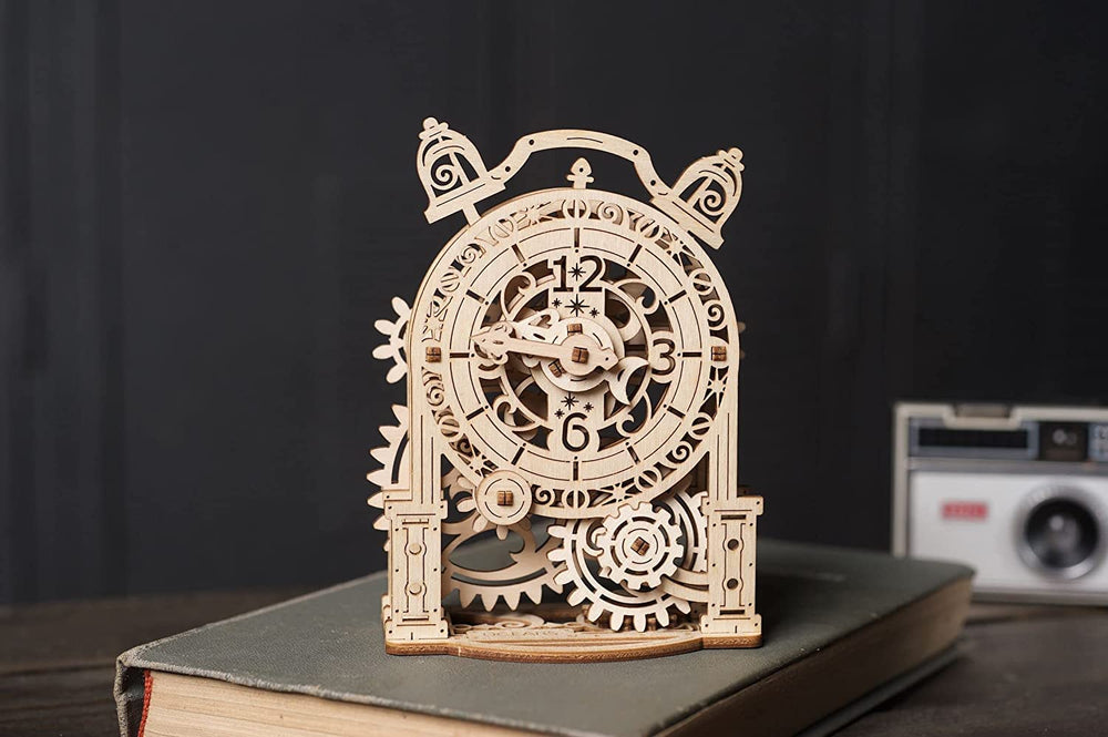 UGEARS Vintage Alarm Clock inside-box components showcase woodworking puzzle appeal