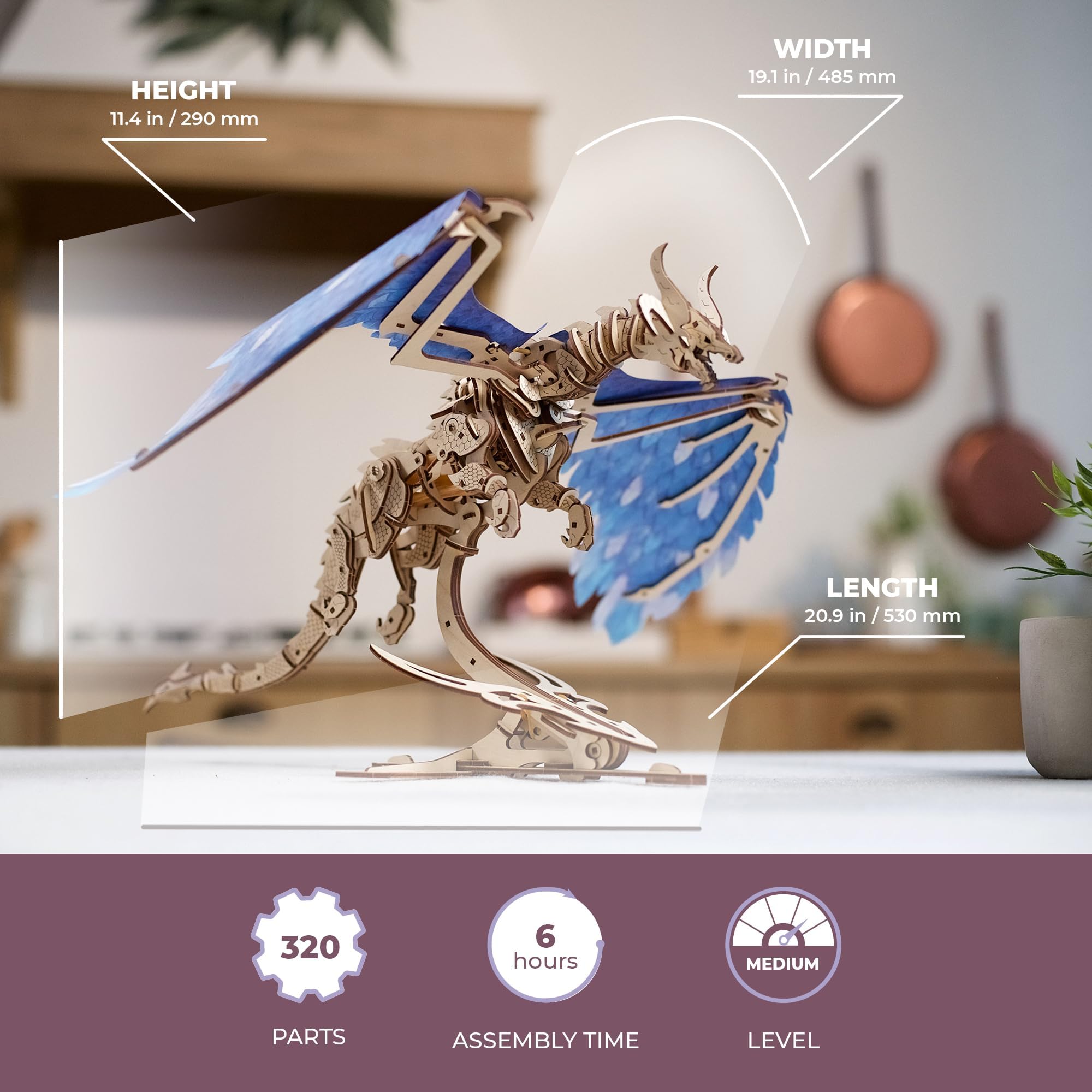 UGEARS Windstorm Dragon open-structure reveals inner gears for educational viewing
