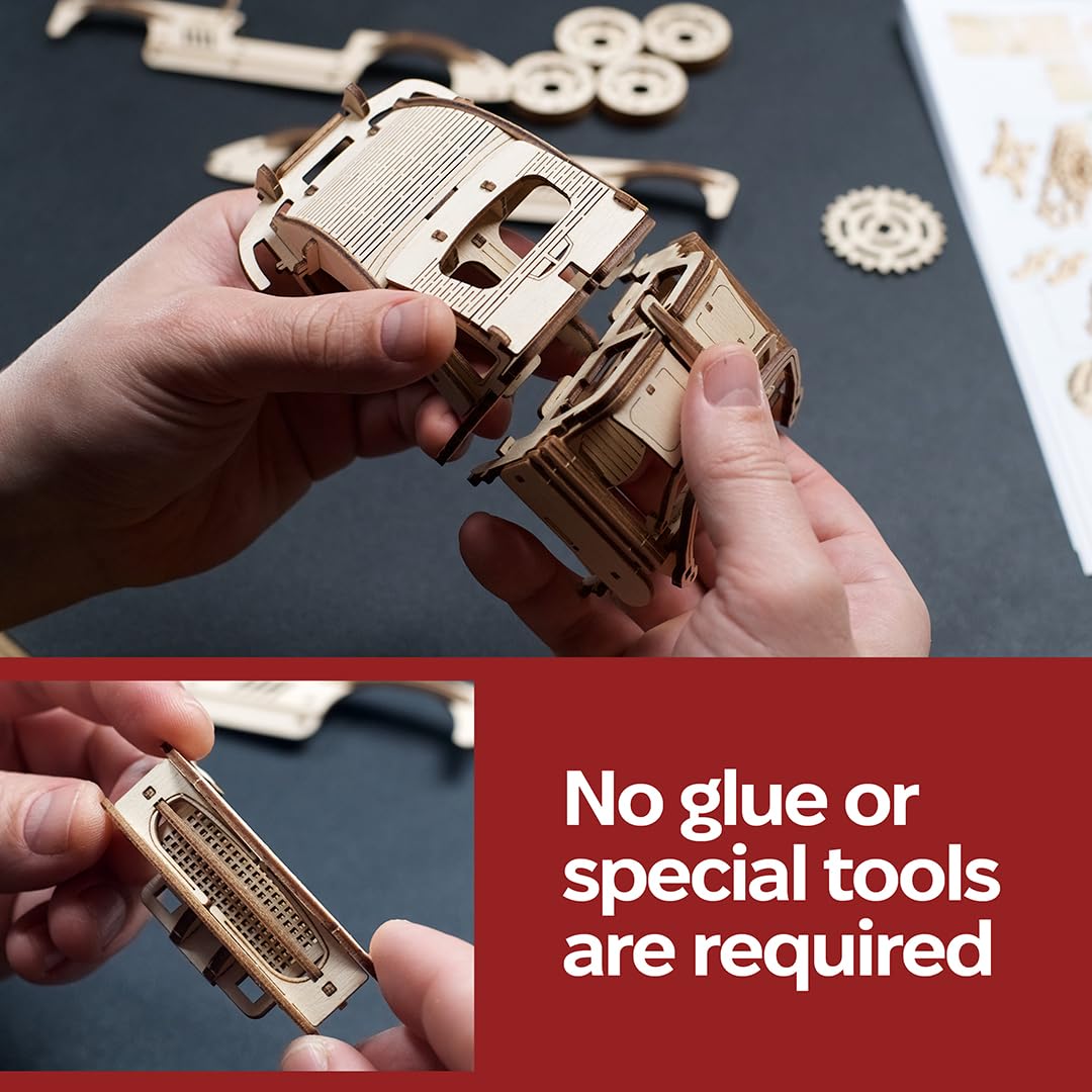 UGEARS Winged Sports Coupe assembling in progress for a hands-on build