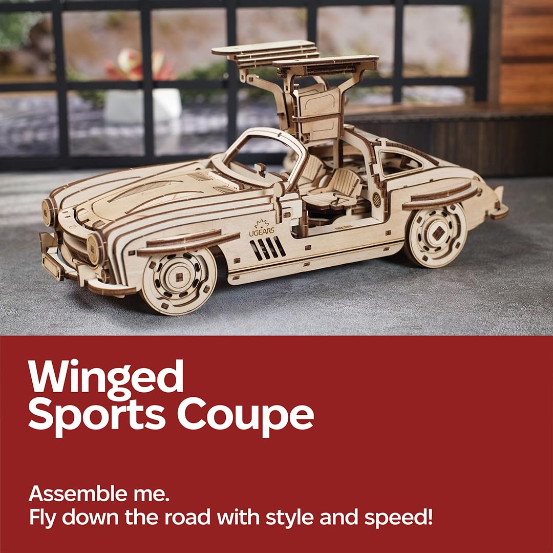 Fully assembled UGEARS Winged Sports Coupe ready for showcase