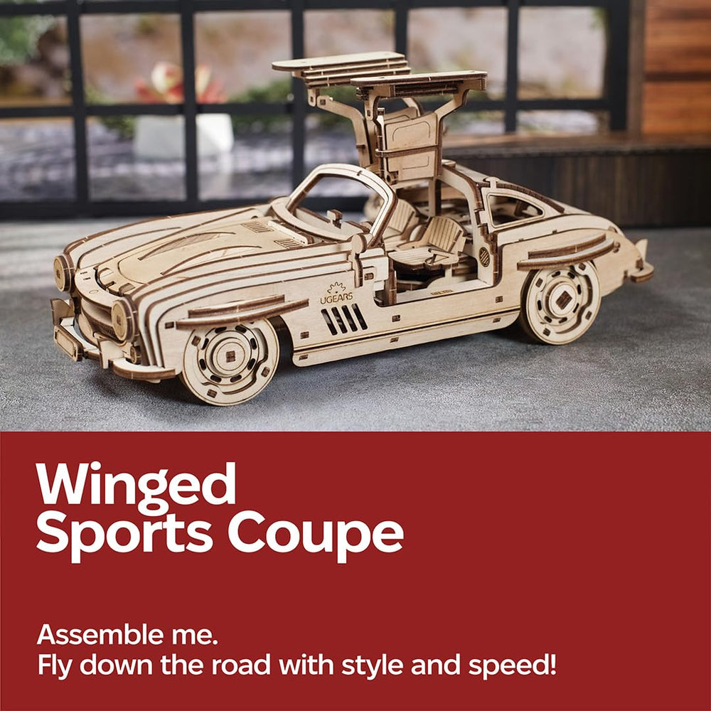Fully assembled UGEARS Winged Sports Coupe ready for showcase