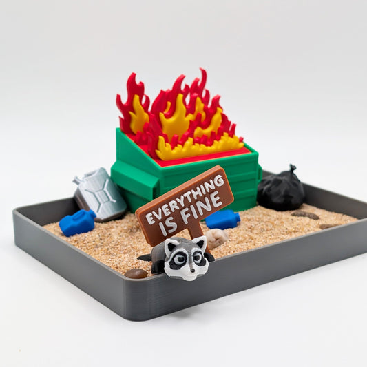 UglaForge Dumpster Fire Zen Garden closeup, handcrafted decor for desk mindfulness.