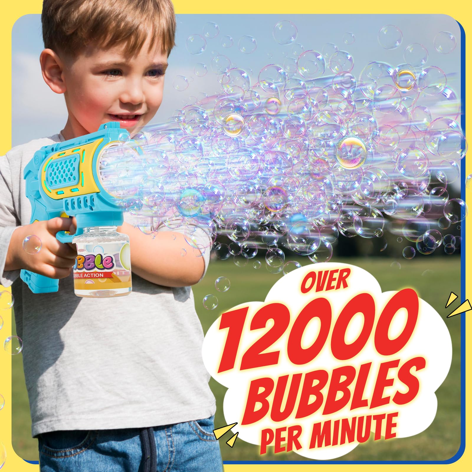 UGYWI bubble gun bundle includes bottles and concentrated liquid for quick refills