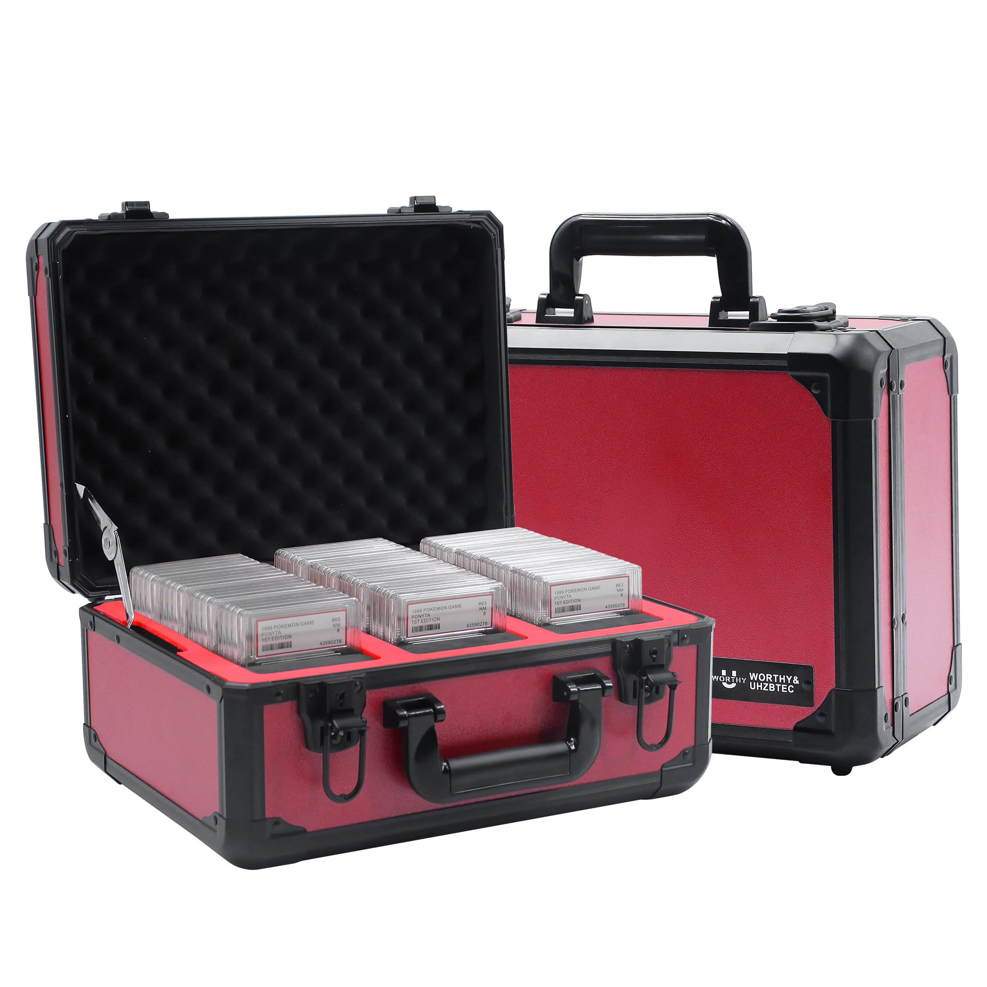 UHZBTEC graded card storage box front view with durable aluminum frame
