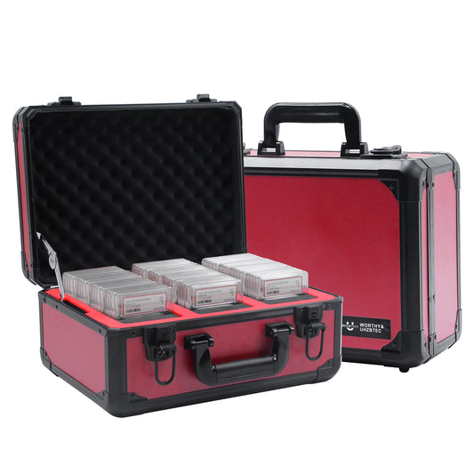 UHZBTEC graded card storage box front view with durable aluminum frame