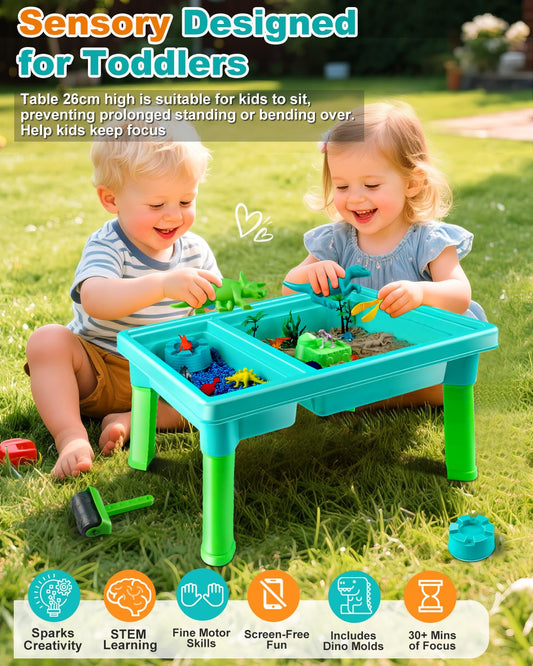 Uiopy Sandbox Kit with dinosaur and ocean molds in use for imaginative play