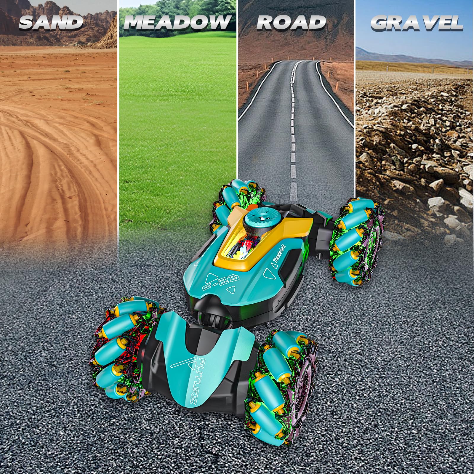 UJROQI gesture-sensing RC stunt car 4WD tires deliver steady traction.