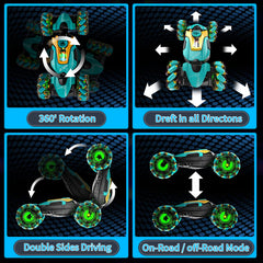 UJROQI gesture-sensing RC stunt car lights and music enhance nighttime play.