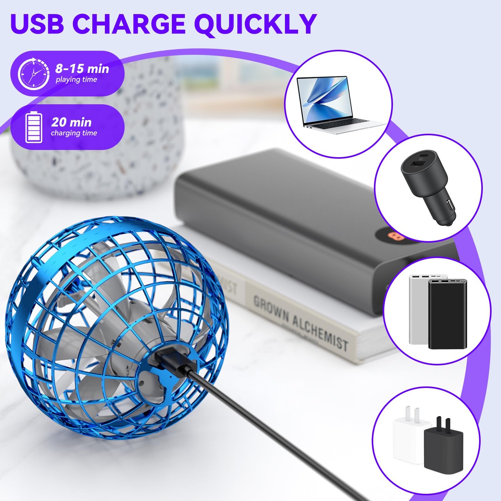 Uladis Flying Orb Ball USB charging for quick replays and portability.
