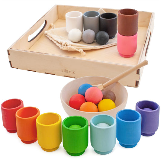 Ulanik Small Balls in Cups set for toddlers supports color sorting.