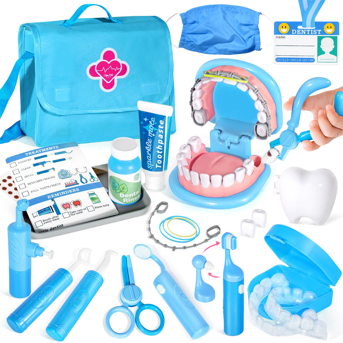 ULOVEME dentist playset blue dental model showing oversized teeth for practice, great for teaching brushing and care routines.