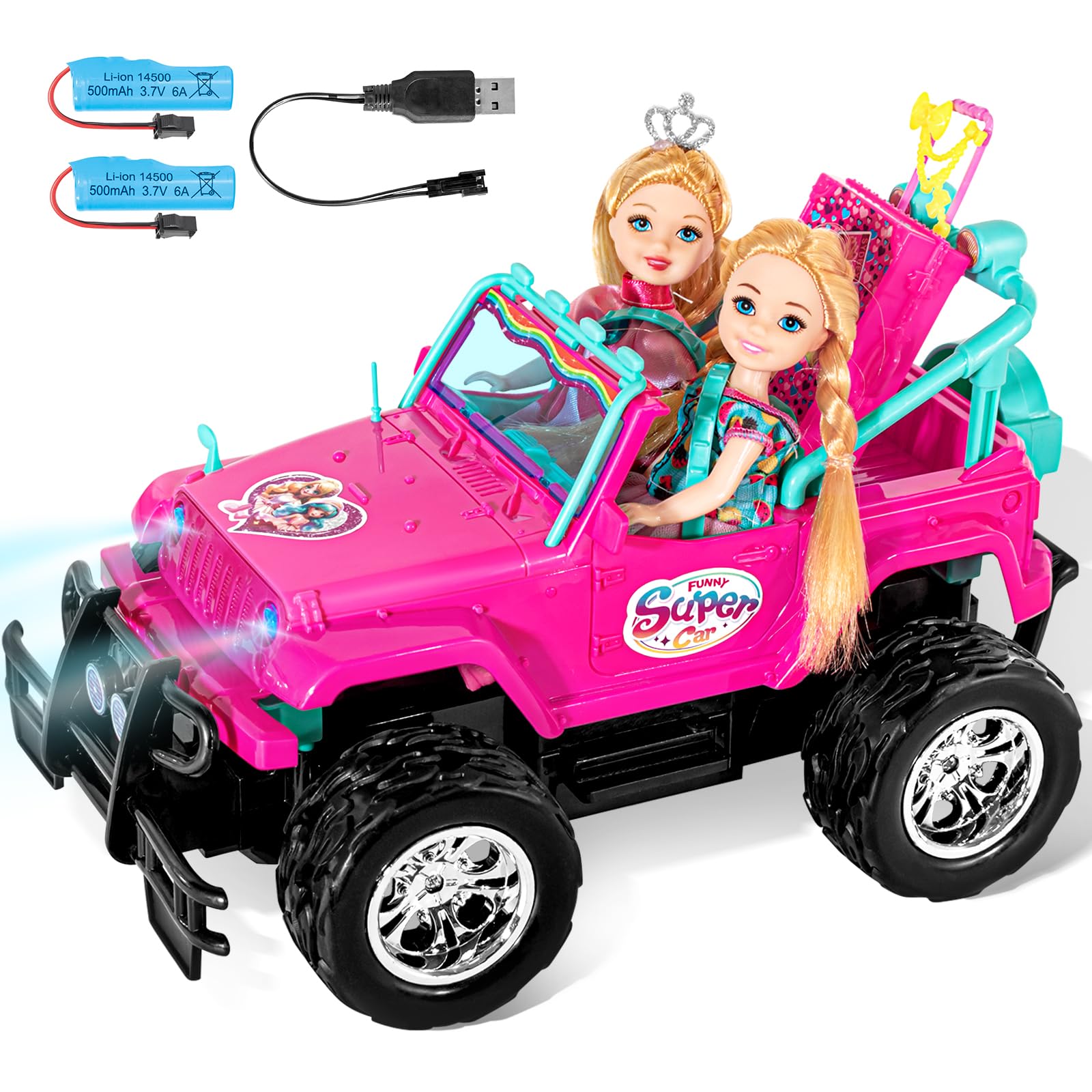 ULOVEME purple jeep RC car with two dolls in seats for imaginative playtime