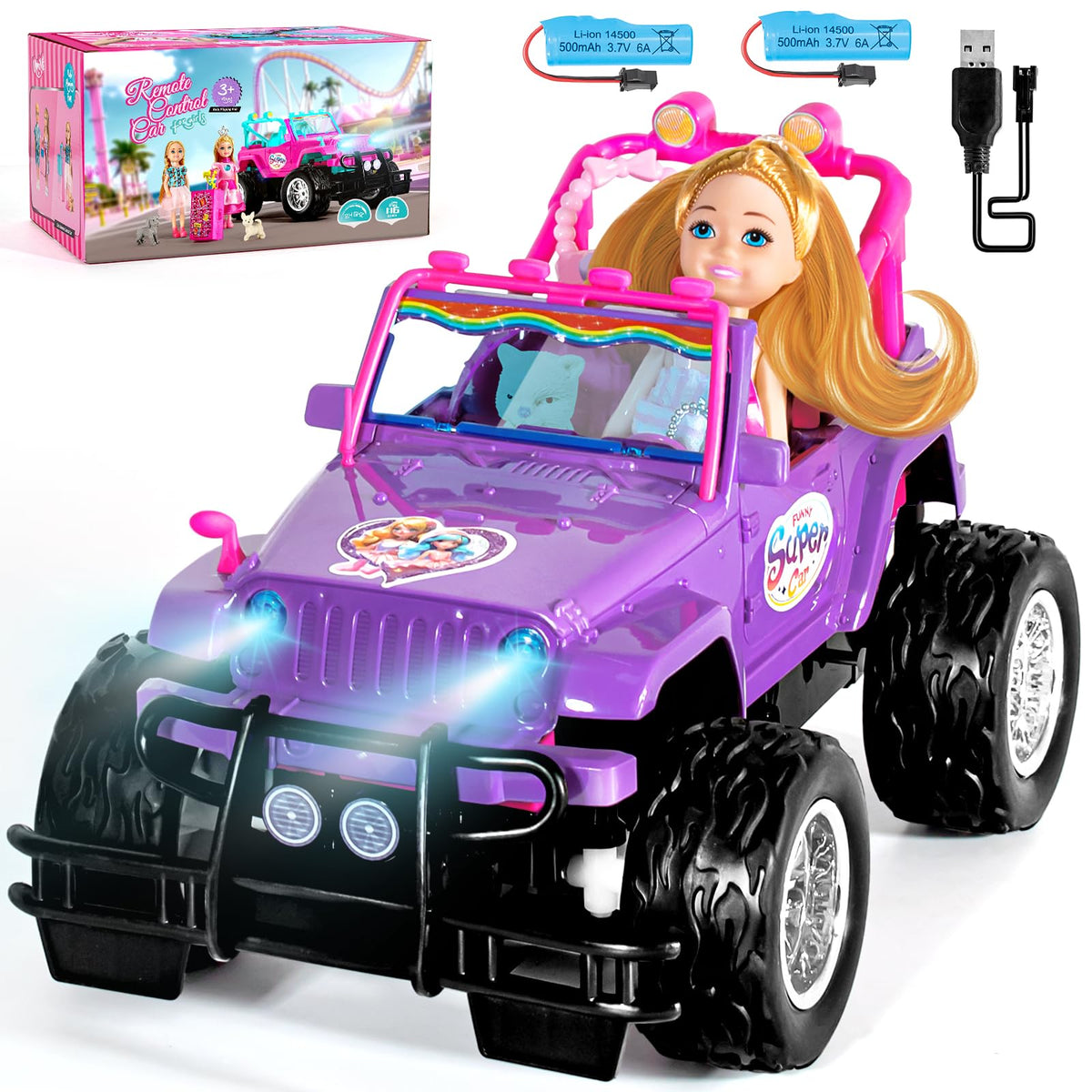 ULOVEME RC Car purple front seat doll area supports two dolls for imaginative play.