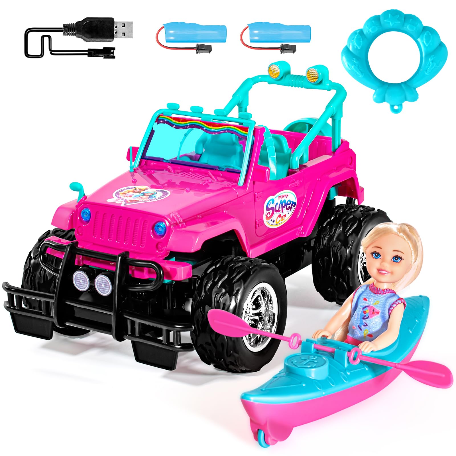 ULOVEME RC Cars hot pink front seat doll fits two 5.5-inch dolls for imaginative play