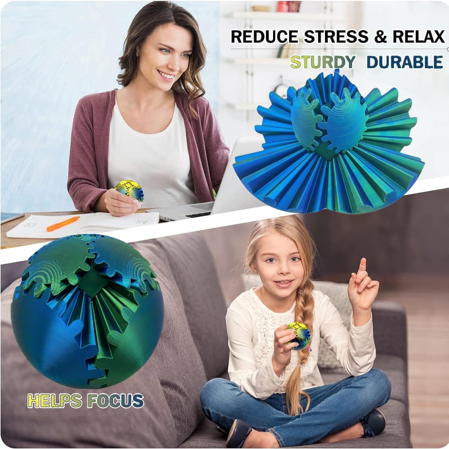 Eye catching gear design and spinning action to spark interest at work