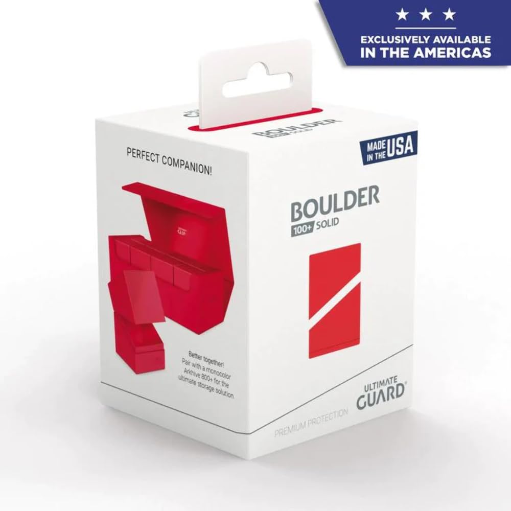 Alternate angle of Ultimate Guard Boulder Solid 100+ deck case in red.
