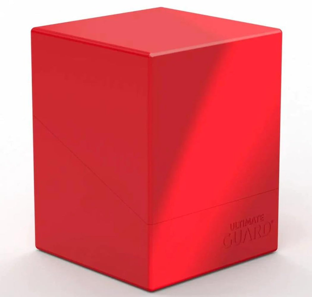 Ultimate Guard Boulder Solid 100+ deck case in red with secure lid for double-sleeved cards.