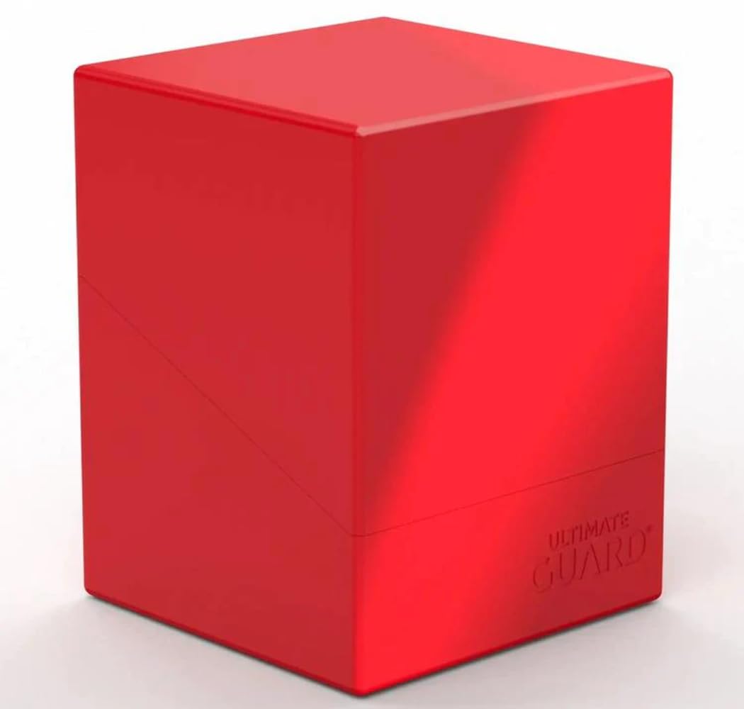 Ultimate Guard Boulder Solid 100+ deck case in red with secure lid for double-sleeved cards.