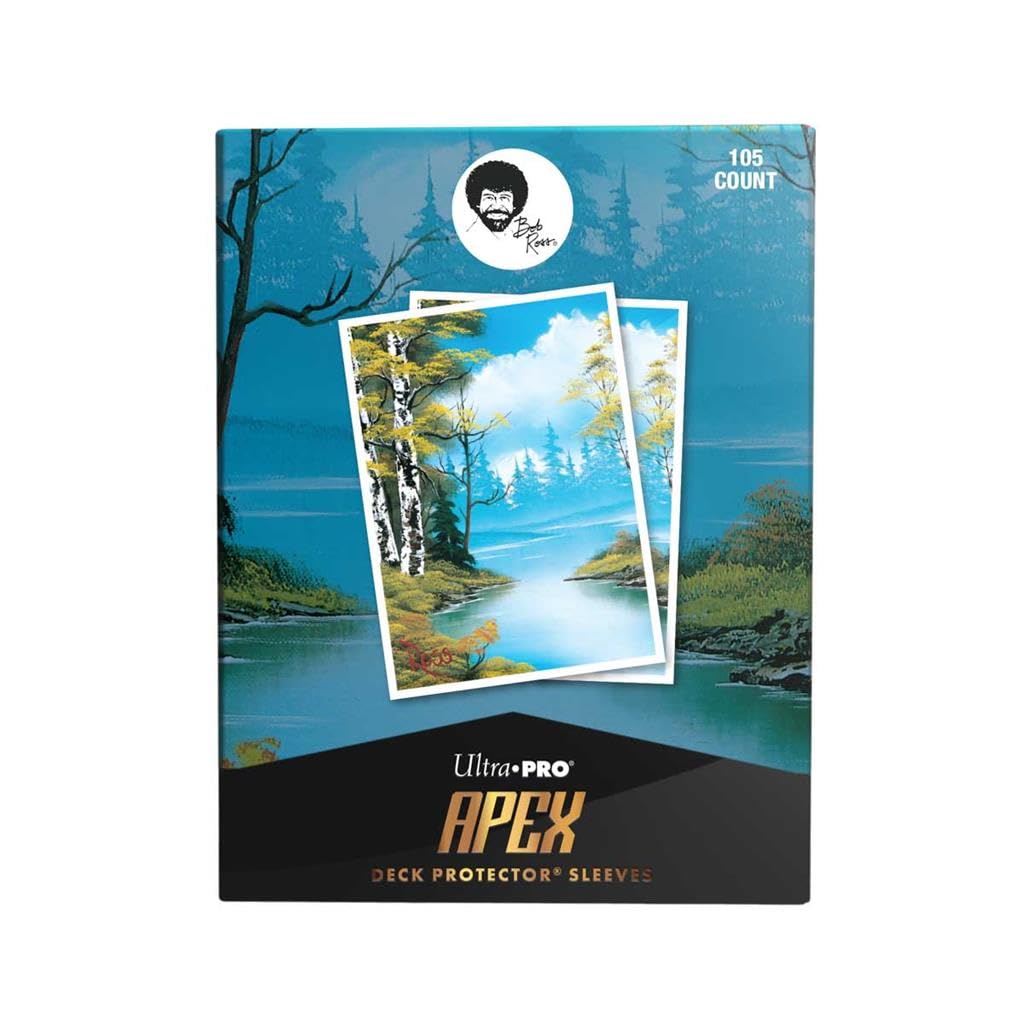 Ultra PRO Bob Ross Lakeside Path APEX sleeves protect cards and showcase vibrant spring scenery.