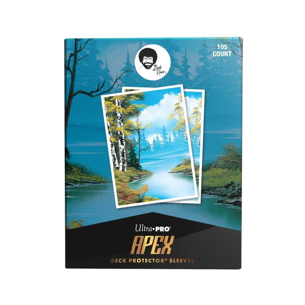 Ultra PRO Bob Ross Lakeside Path APEX sleeves protect cards and showcase vibrant spring scenery.
