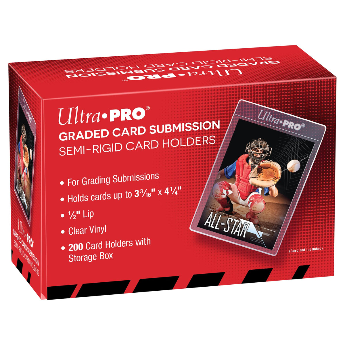 Ultra PRO semi-rigid half-inch lip tall sleeve protects standard trading cards with crystal-clear clarity.