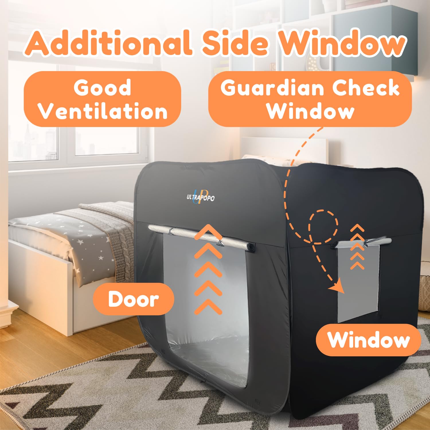 Ultrapopp tent with door and window for light control and ventilation