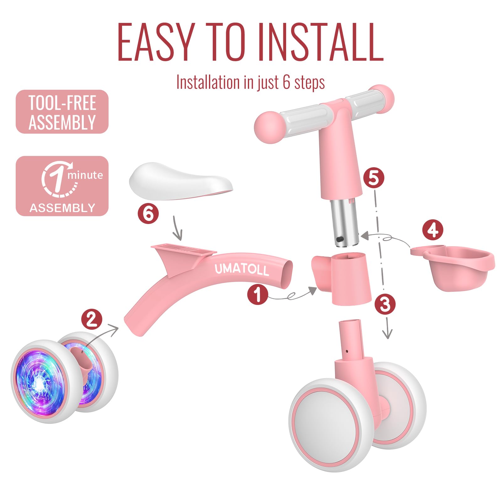 Umatoll EVA wheels provide quiet, non-slip rides indoors and outdoors.