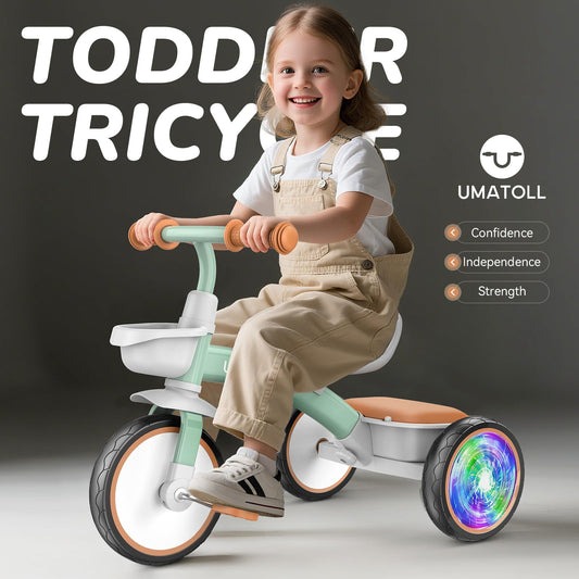 Umatoll Toddler Tricycle green seat adjustment shows growth with child.