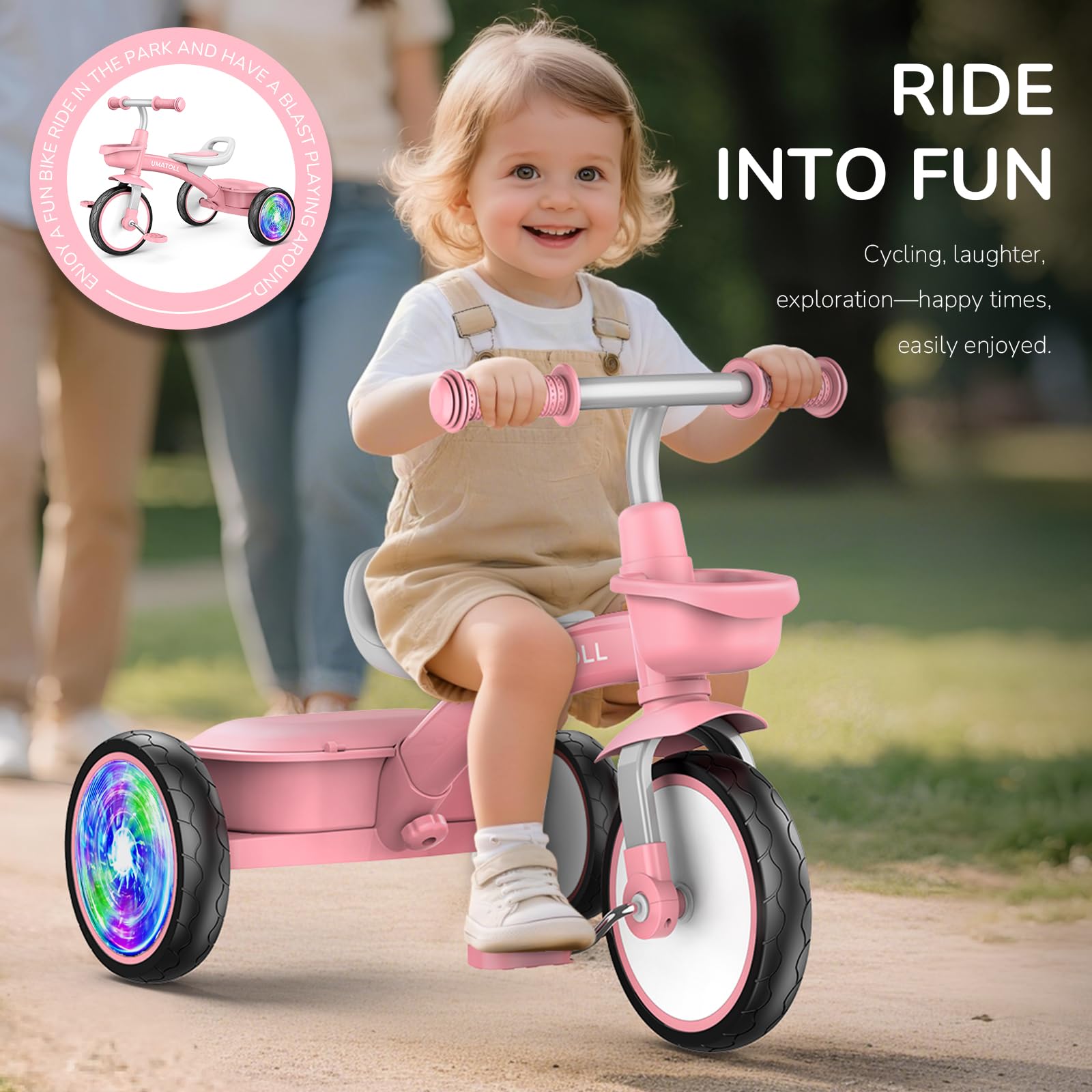 Umatoll Toddler Tricycle wide-wheelbase enhances stability for new riders.