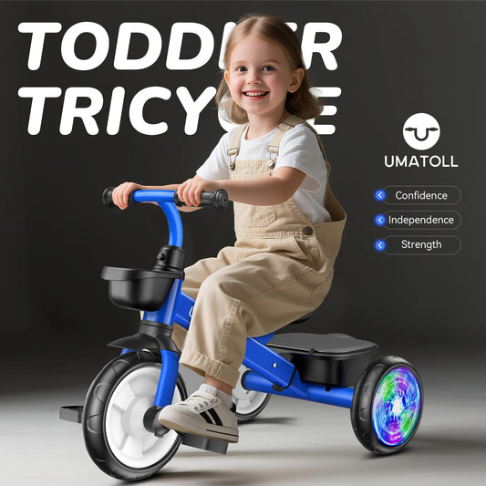 Umatoll tricycle blue side view showing adjustable seat for growth