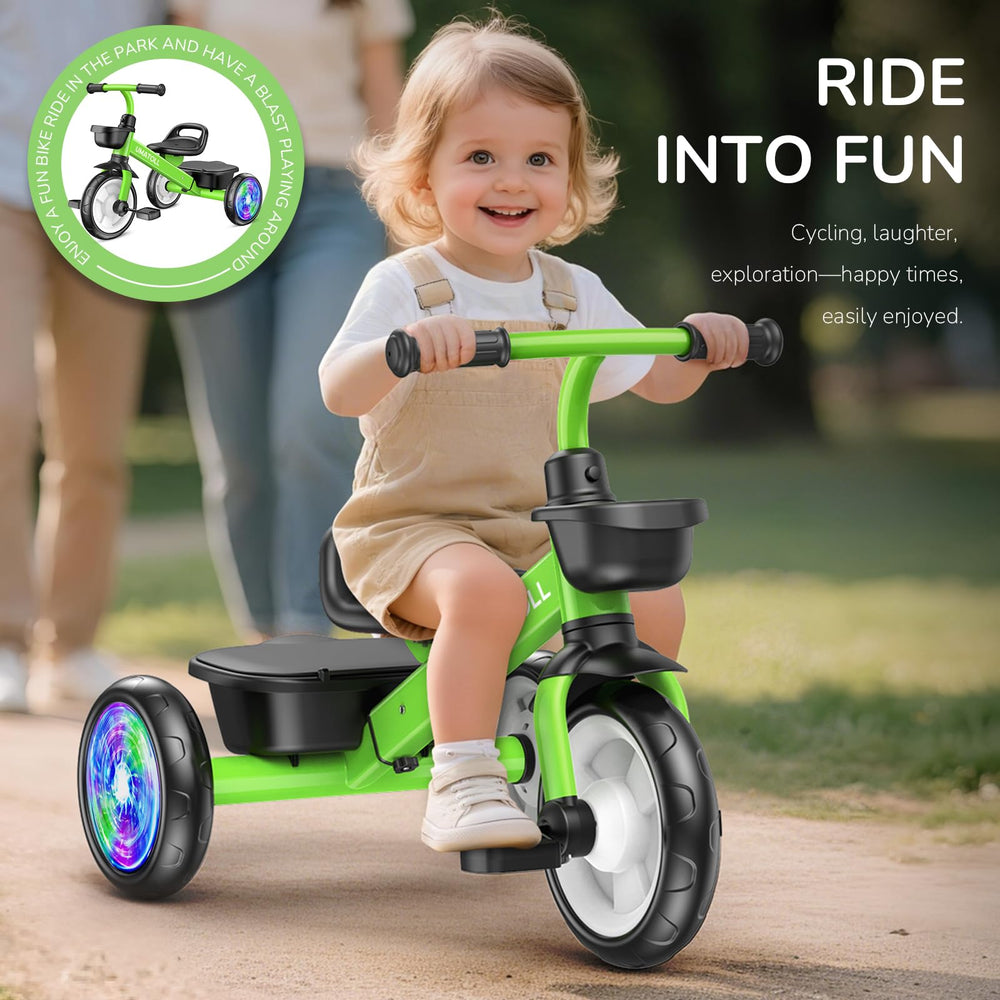 Umatoll tricycle extended wheelbase supports stable, tipping-free learning.