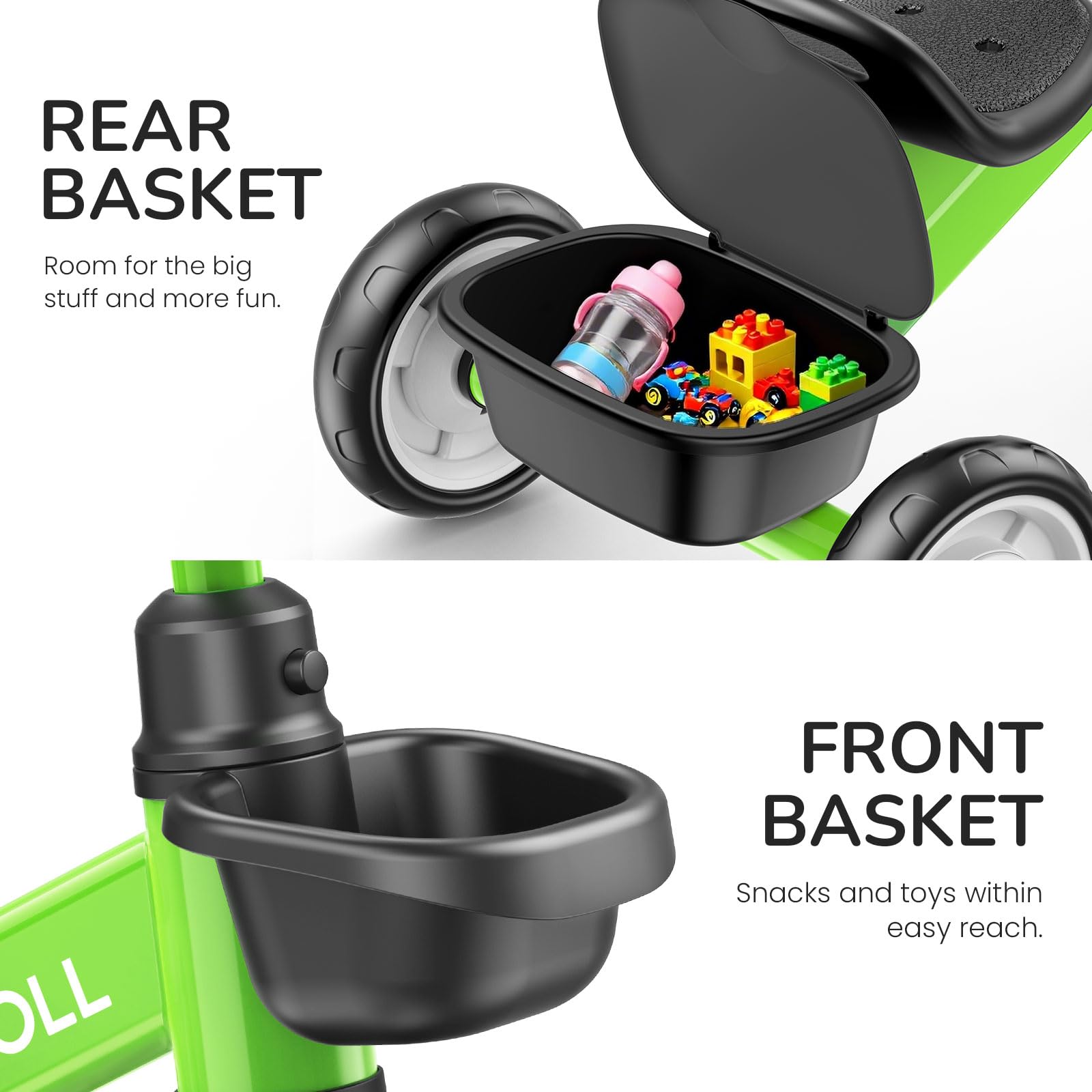 Umatoll tricycle front and rear baskets for carrying toys during outdoor trips.