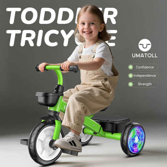 Umatoll tricycle side view with adjustable seat demonstrates growth-friendly design.