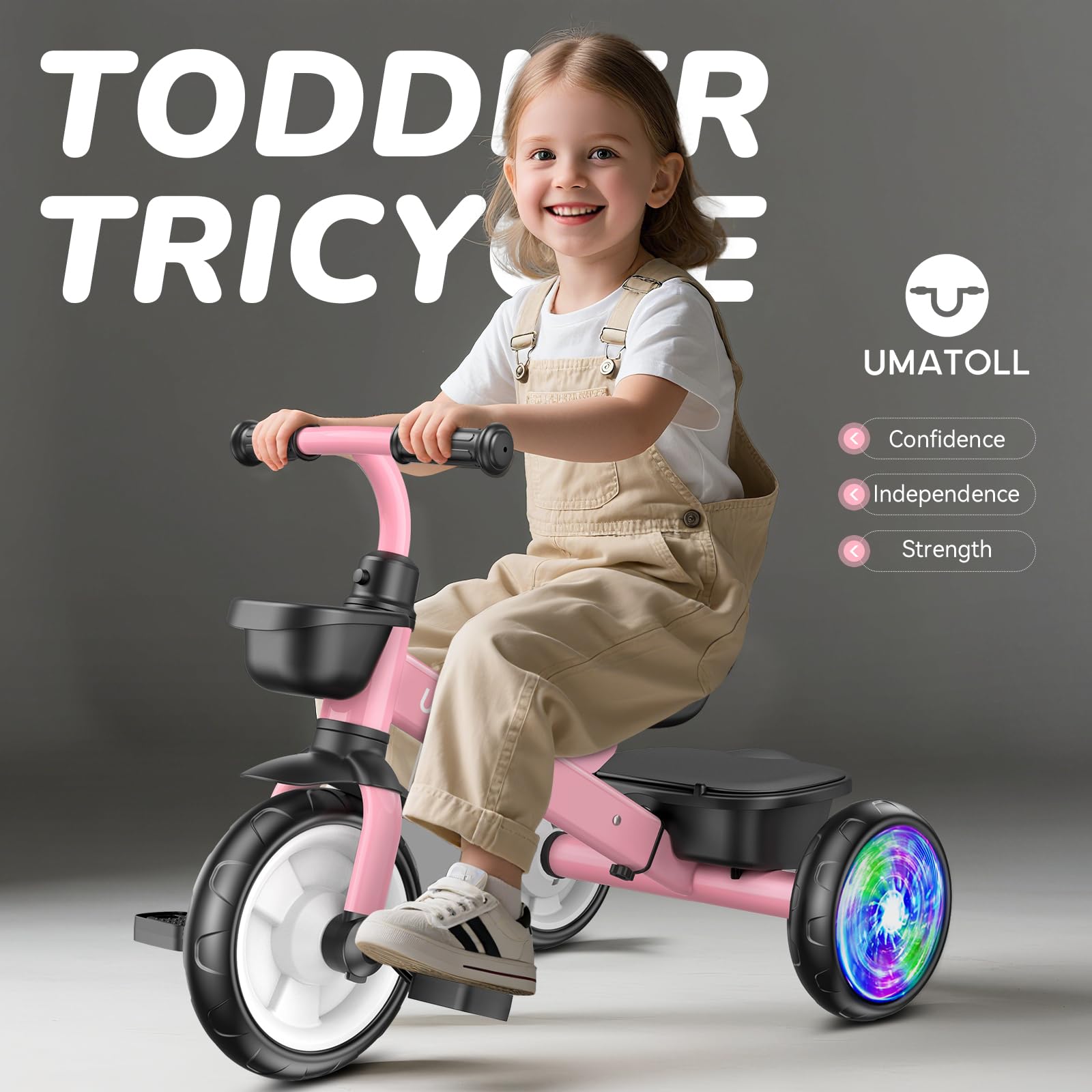 Umatoll tricycle side view highlights ergonomic pedal area for beginners.