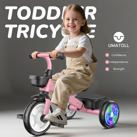 Umatoll tricycle side view highlights ergonomic pedal area for beginners.