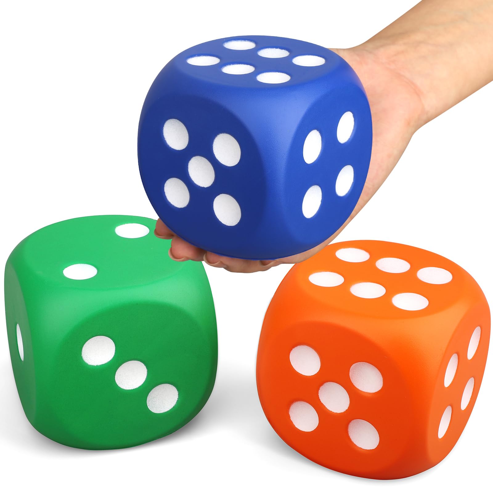 Umnodobn large 3-inch foam dice for classroom activities and games.