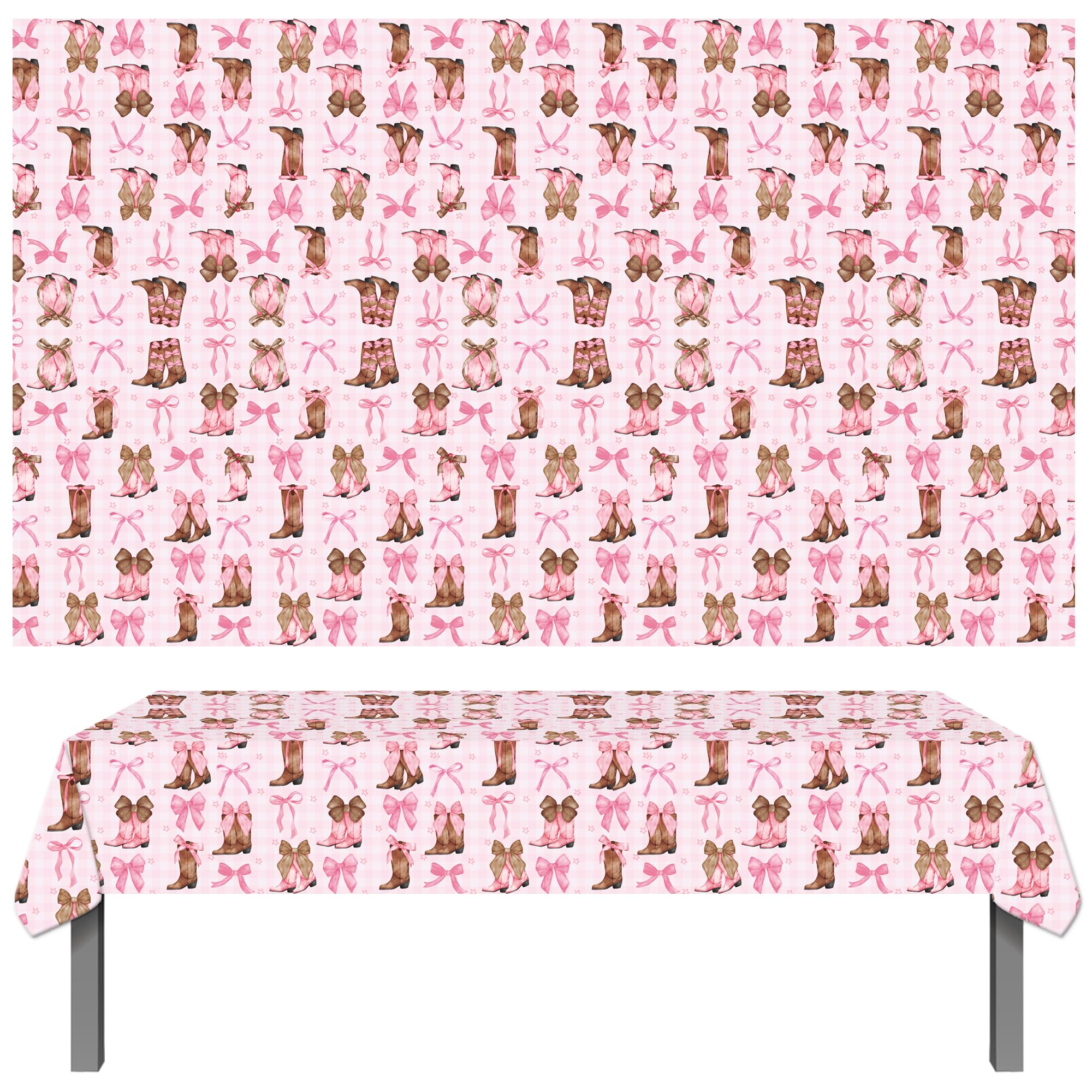 Umoni Coquette Cowgirl tablecloth featuring brown boots and pink bows for stylish parties.