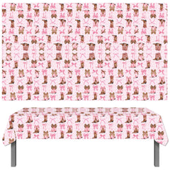 Umoni Coquette Cowgirl tablecloth featuring brown boots and pink bows for stylish parties.