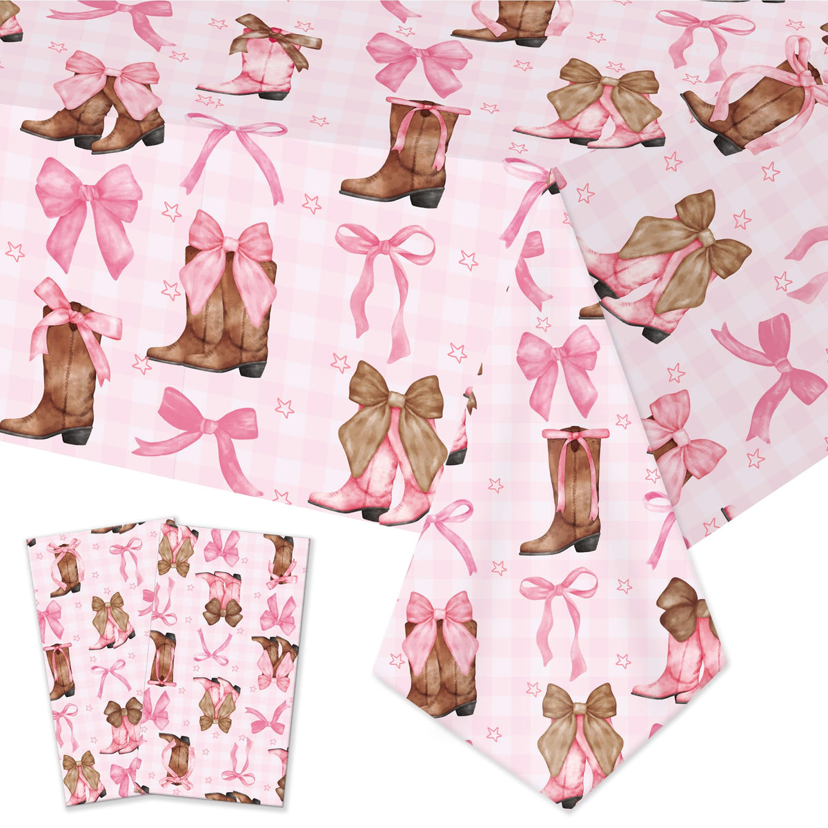 Umoni Coquette Cowgirl tablecloth with boots pattern and pink bows for Western party decor.