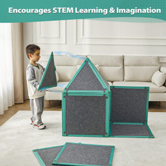 Umoving giant modular playhouse panels demonstrate easy setup for kid-friendly indoor fort building.