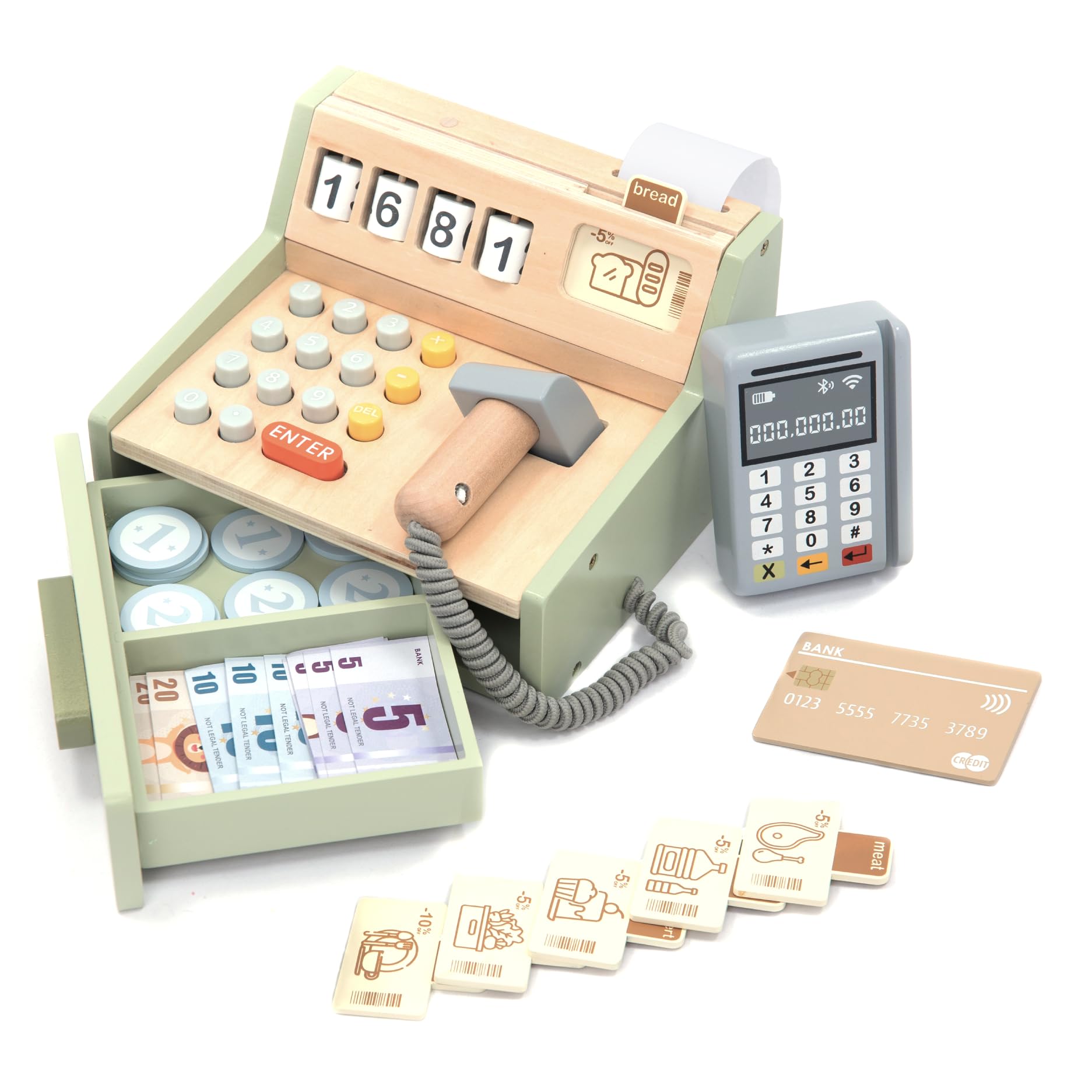 UMU wooden cash register for kids with pretend play and early math