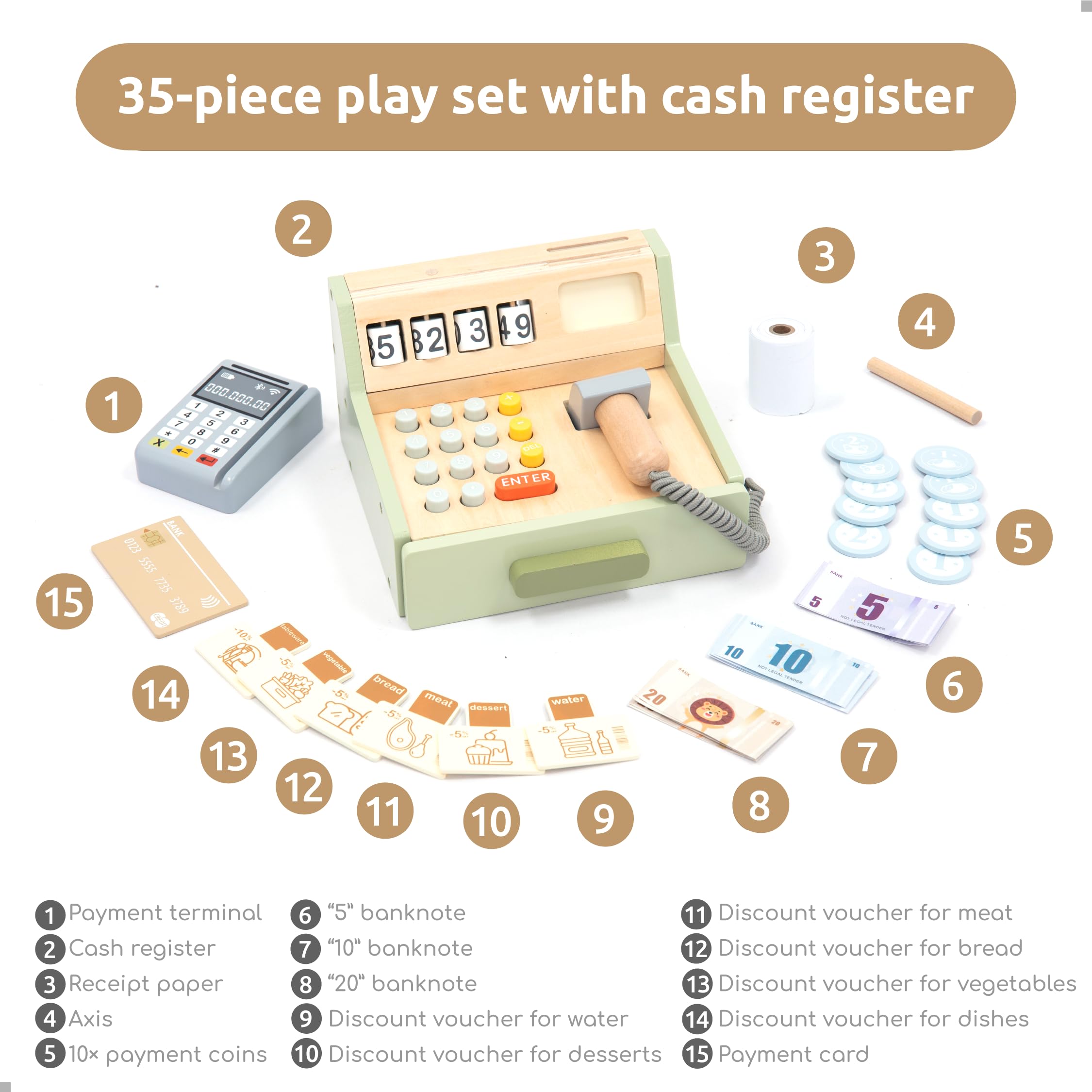 UMU wooden cash register open-close feature for practicing handling