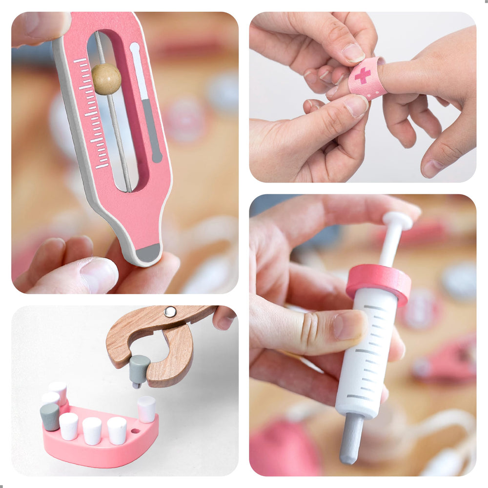 UMU wooden doctor kit pink dental bag stores tools during pretend visits