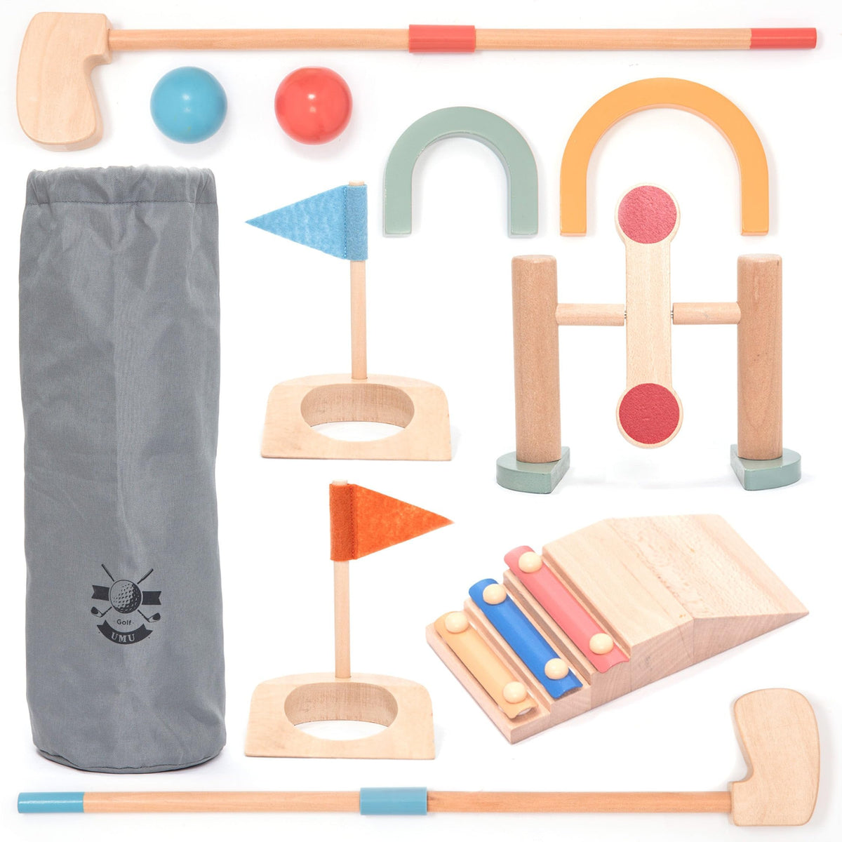 UMU wooden mini golf set clubs ready for indoor practice and skill building