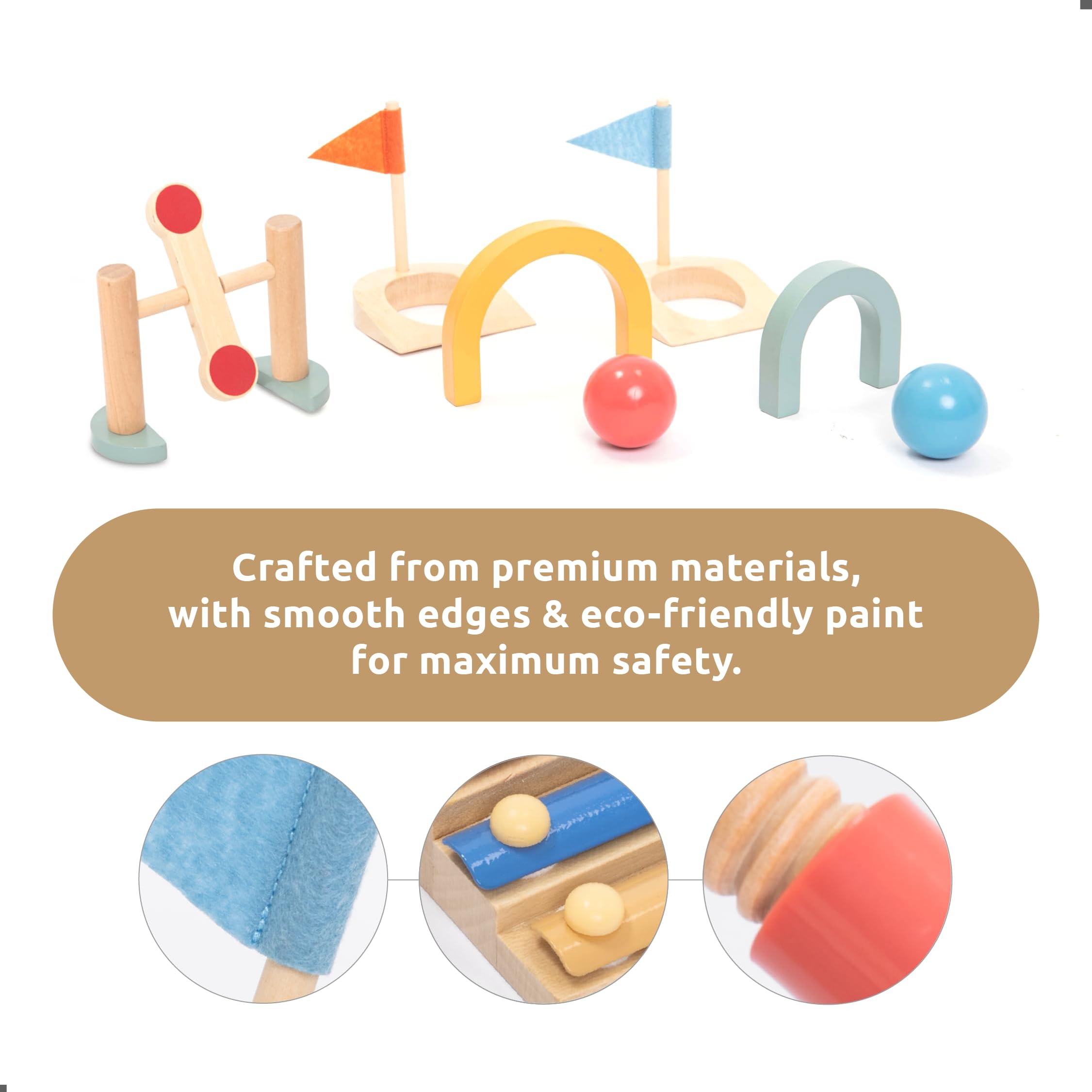 UMU wooden mini golf set gates and holes arranged for creative play